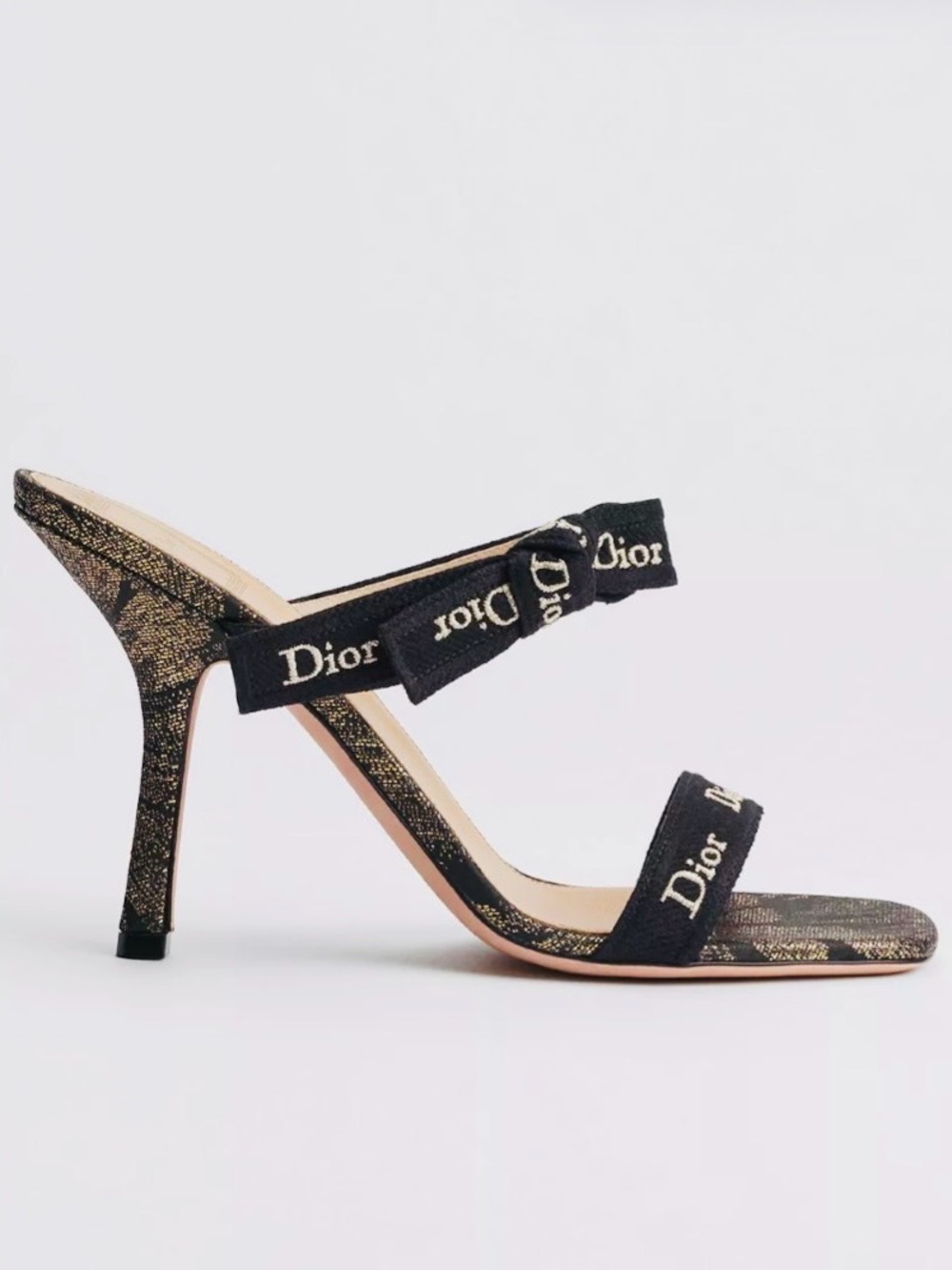 Dior Black and Gold Logo Bow High Heel Sandal